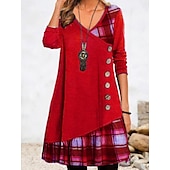 cheap Stripe&amp;Geometric Dress-Women&#039;s Mini Dress A Line Dress Casual Daily Regular Fit Plaid Long Sleeve V Neck Black Red Green Gray Fall Winter