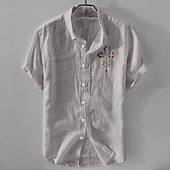 preiswerte Business Casual-Herren Leinenhemd Freizeithemd Baumwoll-Leinen-Hemd Knopfhemd Muster Urlaub Straße Weiß Dunkelmarine Himmelblau Khaki Kurzarm Revers Sommer Bekleidung Schnalle