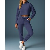 abordables Survêtements-Femmes Ensemble Survetement Jogging Pantalon Sweat-shirt à enfiler Cordon de serrage À capuche Couleur Unie Ensemble Vêtements Printemps Gris foncé Noir Salle de sport Extérieur Course Taille haute