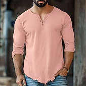 cheap Casual Henley Tee-Men&#039;s Cotton Linen Shirt Henley Shirt Tee Henley Top Long Sleeve Solid Color Plain Solid Fashion Designer Casual Color Block Buttons Henley Outdoor Casual Daily Summer All Seasons White Pink Light