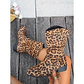 billige Slouch Boots-damestøvletter med tigertrykk i semsket skinn til leggen – løse støvletter i westernstil med spennedetaljer, stilig, uformelt høstsko