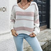 preiswerte Grafische Muster und Details-Damen Pullover Lässig Gestreift Grobstrick V Ausschnitt Gestrickt Langarm Normale Oberteile Stricken Täglich Ferien Ausgehen Rosa Rote Herbst Winter