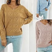abordables Couleurs unies-Femmes Pull Occasionnel Couleur Unie Épais Col en V Tricoté Trou manche longue Hauts Réguliers Tricoter Quotidien Fête Sortir Jaune Rose Claire Automne Hiver