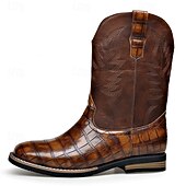 levne Cowboy &amp; Western Boots-Pánské hnědé westernové boty s krokodýlím potiskem a umělou kůží – exotická kovbojská obuv pro ležérní příležitosti a venkovské příležitosti
