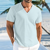 preiswerte Baumwoll-Leinen T-Shirts-Herren T-Shirt Leinen-T-Shirt Kurze Ärmel V Ausschnitt Sommer Einfach Mode Designer Basic Weich Urlaub Alltagstauglich Strand Hellblau Weiß Rosa Top T-Shirt für Herren