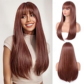 abordables Perruques Synthétiques Sans Bonnet-Perruque brune avec frange pour femmes, perruque synthétique longue et droite, résistante à la chaleur, pour filles, usage quotidien, fête, Halloween, cosplay, 24 pouces