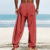 cheap Holiday-Men&#039;s Linen Pants Trousers Summer Pants Beach Pants Pocket Elastic Waist Drawstring Plain Comfort Breathable Vacation Daily Holiday Hawaiian Boho White Dark Red