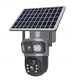 olcso Beltéri IP hálózati kamerák-Dupla lencsés, napelemes vezeték nélküli kültéri biztonsági kamera 8 megapixeles felbontással, 355 fokos forgathatósággal, színes éjjellátóval, reflektorral/riasztóval, mozgásérzékeléssel, kétirányú