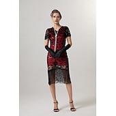preiswerte Kleider-Retro Vintage Goldene Zwanziger 1920er Midlänge Flapper Kleid Cocktailkleid Der große Gatsby Flapper-Mädchen Pailletten Fransen V Ausschnitt Damen Weihnachten Halloween Karneval Hochzeit