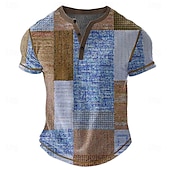 cheap Geometrical-Men&#039;s Geometric Henley Shirt Waffle T Shirt Short Sleeve Daily Retro Vintage Classic Sports Outdoor Casual Holiday Spring &amp; Summer All Seasons Dark Brown Green Blue Khaki Henley Henley T-Shirt