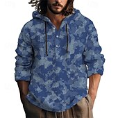 economico Camicie Popover da Uomo-Per uomo Camicia Camicia popover Camicia Estiva Camicia casual Camicia da Spiaggia Blu reale Blu Verde militare Manica Lunga Mimetico Con Cappuccio Vacanza Ferie Coulisse Abbigliamento Poliestere