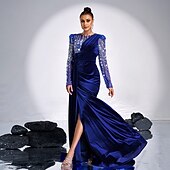 preiswerte Ballkleider-Blumen Pailletten Meerjungfrau  Trompete Abendkleid Stretch Samt Elegantes Kleid Formelles Hochzeits-Sweep  Brush Zug Langarm Puffärmel Rundhalsausschnitt Spitzenapplikation mit Falten Gerafft Schlitz