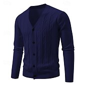 cheap Men&#039;s Cardigan Sweater-Men&#039;s Cardigan Sweater Cropped  Sweater Knit Sweater Ribbed Knit Regular Tops Buttons Jacquard Plain V Neck Fashion Classic Vacation Daily Wear Clothing Apparel Fall Winter Black Navy Blue S M L