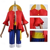 billiga Animekostymer-One Piece Monkey D. Luffy Solguden Luffy Animé Byxa Hattar Kläder Cosplay-kostymer Halloween Karnival Prestanda Topp Byxor Skärp Till Herr Pojkar Barn Vuxna