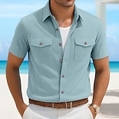 preiswerte Herrenhemd zum Knöpfen-Herren Hemd Sommerhemd Freizeithemd Cordhemd Knopfhemd Cargohemd Schwarz Weiß Marineblau Himmelblau Kaki Kurzarm Streifen Revers Lässig Täglich Fronttasche Bekleidung Mode Lässig