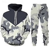 tanie męski dres i bluza z kapturem-Męskie Dres Zestaw strojów Zestaw bluzy Bluza Na zewnątrz Codzienny Sport Kieszeń Ściągana na sznurek Kamuflaż Czarny Ciemnozielony Pomarańczowy Druk graficzny Poliester Odzież sportowa Moda Moda