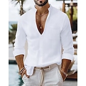economico Camicie di lino-Per uomo Camicia Camicia di lino Camicia casual Camicia con Bottoni Camicia di cotone Semplice Vacanza Camicia hawaiana Nero Bianco Giallo Blu marino Manica Lunga Colletto alla coreana Primavera