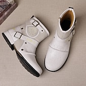cheap Biker Boots-Men's White Faux Leather Moto Ankle Boots with Buckle Straps – Punk Style Fashion Boots for Parties and Streetwear