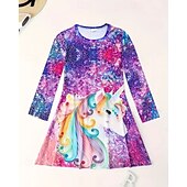 preiswerte 3D Einhorn Kleid-Mädchen&#039; 3D Einhorn Kleid Langarm Sommer Frühling Urlaub Täglich Ferien Prinzessin Schön Süß Kinder 4-12 Jahre Freizeitkleid A Linie Kleid Knielang Normale Passform