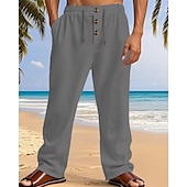cheap Holiday-Men&#039;s Linen Pants Trousers Summer Pants Beach Pants Pocket Elastic Waist Drawstring Plain Comfort Breathable Vacation Daily Holiday Hawaiian Boho Dark Khaki Black