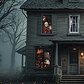 olcso halloween faliszőnyegek-2 db-os halloweeni ablakdekoráció női szellem halloweeni ablak horror női szellem baba függöny szett horror koponya poszter beltéri és kültéri partidekoráció