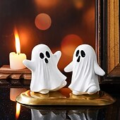 baratos Figurines e Ornamentos-Estátua de Resina de Fantasma Fofo de Halloween Decoração de Mesa de Fantasma Fofo de Robe Branco Ornamento Assustador de Resina de Halloween para Casa