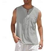 economico Vacanza-Per uomo Camicia Camicia di lino Camicia popover Camicia Estiva Abbigliamento da spiaggia Maglietta senza maniche Tinta unica Vacanza Streetwear Nero Bianco Blu marino Azzurro cielo Senza Maniche