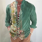 billiga Växter Mönster-Herr Blomtryck Blommor Skjorta Ståkrageskjorta Långärmad Ledigt Semester Dagliga kläder Utekväll Vår Höst Kraghalsband Bandkrage Button-Down Linne som skjorta Grön
