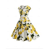 preiswerte Kleider-Retro Vintage 1950er Rockabilly Midlänge Swing-Kleid Ausgestelltes Kleid Kappe Blumen Frucht A-Linie Quadrathals Damen Karneval Urlaub Alltagskleidung Retro-Mottoparty Erwachsene Kleid Frühling