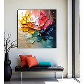baratos Pinturas Abstratas-Pintura a óleo artesanal multicolorida com flores, pintada à mão, pétalas vibrantes em gradiente, pinceladas texturizadas empastadas, emolduradas em madeira natural, casa eclética moderna com detalhes
