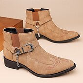 ieftine Cizme Cowboy &amp; Western-Ghete western gri din piele ecologică pentru bărbați – curea cu cataramă și lanț metalic, potrivite pentru concerte country, petreceri în viața de noapte și ținute streetwear de excepție