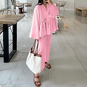 levne Dámské halenky-Dámské Elegantní Čechy prázdniny Sady kalhot Dlouhý rukáv Zvonové Do V Pevná barva Šněrování Nabírané šaty Volány Venkovní Dovolená Párty špinavě bílá Světlá růžová Khaki Léto Volný