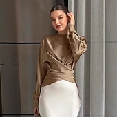 cheap Plain Blouses-Women's Satin Shirt Dress Shirt Blouse Ruched Lace up Solid Color Elegant Vintage Stylish Long Sleeve Off Shoulder Crop Tops Daily Work Holiday khaki Spring Fall