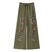 abordables pierna ancha y cintura alta-Pantalones anchos bohemios para mujer, largos, con estampado de flores naturales, bolsillos y cordón elástico, cómodos para exteriores, vacaciones, fin de semana, color verde, corte regular.