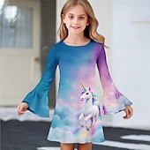 cheap 3D Unicorn Dress-Girls&#039; 3D Unicorn Dress Ruffle Dress Long Sleeve Summer Spring Vacation Daily Holiday Beautiful Sweet Kids 4-12 Years Casual Dress Knee-length Regular Fit
