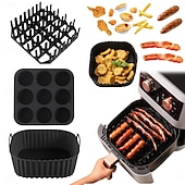 cheap Baking &amp; Pastry Tools-3pcs Reusable Silicone Air Fryer Liners Set Non-Stick Silicone Tray, Bacon Rack &amp; 9-Cavity Mold for Eggs and Cupcakes Multi-Use Air Fryer Accessories