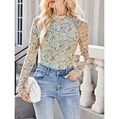 お買い得  フローラルTシャツ-女性用 ブラウス フラワー レオパード スタイリッシュ カジュアル 長袖 タートルネック レギュラートップス 日常 祝日 お出かけ プリント ブラック ピンク グリーン カーキ色 夏 春 秋
