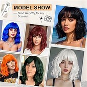abordables Perruques de fête-Perruques roses courtes ondulées, perruque pastel avec frange, cheveux synthétiques mi-longs pour femmes et filles, perruque de cosplay colorée en fibre synthétique résistante à la chaleur pour une