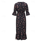 levne Boho šaty-Dámské Midi šaty Vintage šaty Boho šaty Šaty s potiskem Westernové šaty Vinobraní Módní Venkovní Dovolená Rande Běžný Květiny Krátký rukáv Do V Černá Léto