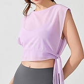 baratos Yoga Tops-Mulheres Camisa curta de treino Top de ioga Secagem Rápida Respirável Sem Manga Esportes Côr Sólida Blusas Para Academia Esportivo Pilates Roupas Esportivas