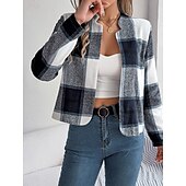 Χαμηλού Κόστους 3D Παλτά-Γυναικεία Casual Jacket Άνετο Αναπνέει Στάμπα Καθημερινό Καρό Διακοπές Δρόμος Καθημερινά Ρούχα Εξόδου Ανοικτό Μπροστά Κοντό Όρθιος Γιακάς Κανονικό Μακρυμάνικο Εξωτερικά ενδύματα