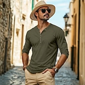 お買い得  カジュアルヘンリーTシャツ-男性用 ヘンリーシャツ ティートップ 長袖シャツ 長袖 ヘンリー 夏 春 純色 平織り ファッション 日常 ボタン アウトドア カジュアル ブラック ホワイト ロックグリーン メンズトップTシャツ