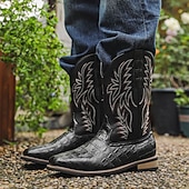 abordables Cowboy et bottes occidentales-Bottes de cowboy western en cuir de vachette noir gaufré pour hommes avec bout pointu et coutures classiques, chaussures élégantes pour les événements country, l&#039;équitation et la mode rodéo