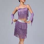 cheap Latin Dancewear-Latin Dance Skirts Tassel Pure Color Splicing Women&#039;s Performance Training Sleeveless High Polyester
