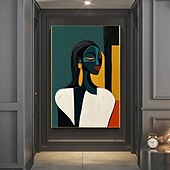 abordables Peintures portraits-Peinture de portrait abstrait moderne faite à la main peinte à la main avec un contraste chromatique audacieux - peintures à l&#039;huile géométriques figure féminine en or cobalt figure pour peinture