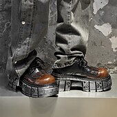 ieftine Cizme de motociclism-Pantofi Oxford cu platformă gotică pentru bărbați, cu flăcări – pantofi cu talpă groasă în stil punk pentru cosplay, Halloween și streetwear