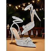 baratos Bombas Clássicas-salto agulha feminino de cetim preto com laço de strass e tira no tornozelo - salto alto elegante para eventos formais e coquetéis