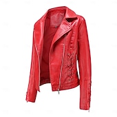 cheap Faux Leather Jackets-Women&#039;s Faux Leather Jacket Comfortable Full Zip Fashion Street Style Plain Outdoor Casual Daily Regular Turndown Regular Fit Long Sleeve Outerwear Black Red Green Spring Fall