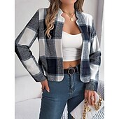 Χαμηλού Κόστους 3D Παλτά-Γυναικεία Casual Jacket Άνετο Αναπνέει Στάμπα Καθημερινό Καρό Διακοπές Δρόμος Καθημερινά Ρούχα Εξόδου Ανοικτό Μπροστά Κοντό Όρθιος Γιακάς Κανονικό Μακρυμάνικο Εξωτερικά ενδύματα