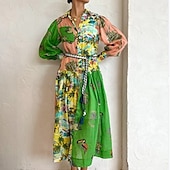 levne Boho šaty-Dámské Midi šaty Košilové šaty Šaty s potiskem Klasické Moderní Venkovní Denní Dovolená Běžný Květiny Dlouhý rukáv Košilový límec Tmavě zelená Podzim